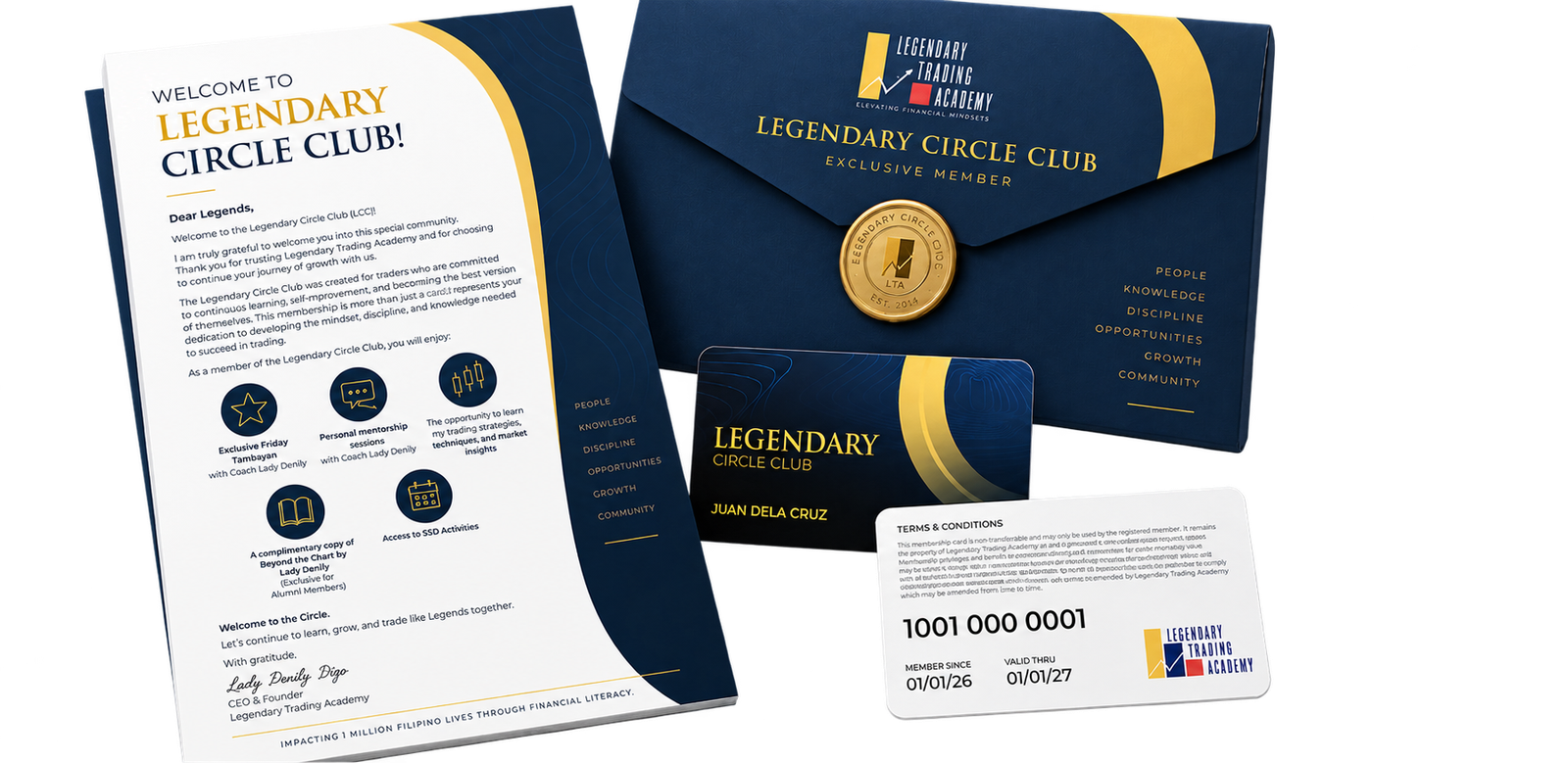 Official Legendary Circle Club welcome kit with letter, envelope, membership card, and terms card