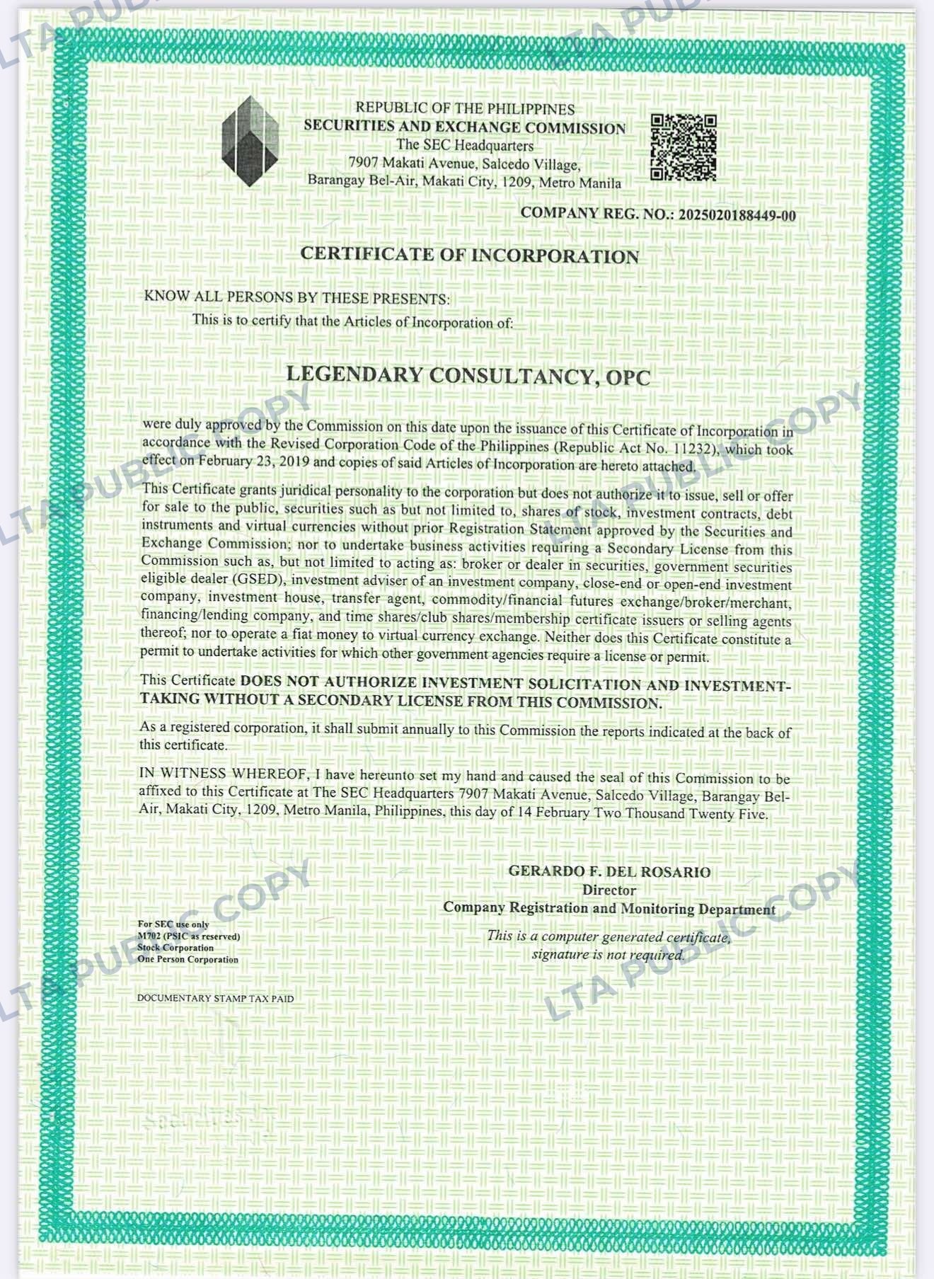 SEC certificate of incorporation of Legendary Consultancy OPC issued in 2025.